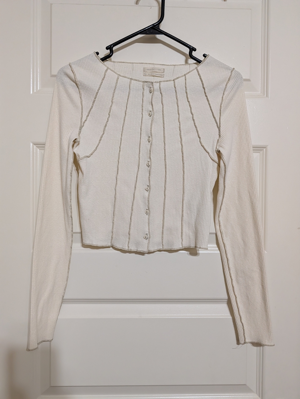 Urban Outfitters Cream Ribbed Button-Front Long Sleeve Top SP - Picture 2 of 7